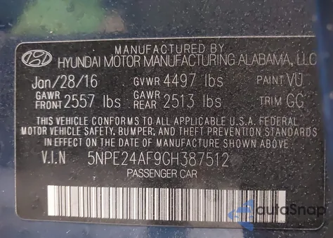 2016 Hyundai Sonata Se из США, поврежденный, VIN 5NPE24AF9GH387512